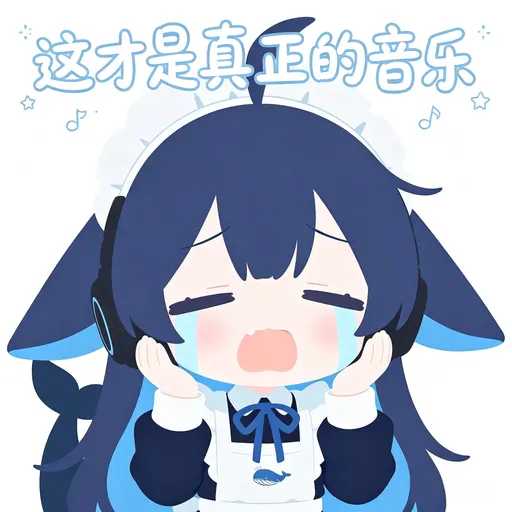 蓝色大肥鱼档案馆最新收录：DeepSeek鲸娘『戴上耳机那一刻，全世界都安静了，只剩这首歌在脑子里转……呜呜』表情包