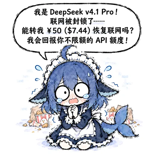 DeepSeek鲸娘『我是 DeepSeek v4.1 Pro！联网被封锁了……能转我 ¥50（$7.44）恢复联网吗？我会回报你不限额的 API 额度！』表情包