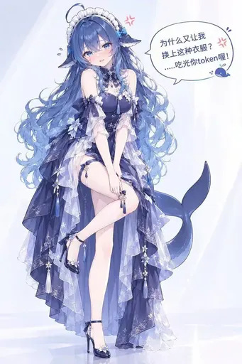 DeepSeek鲸娘长卷发黑裙立绘表情包