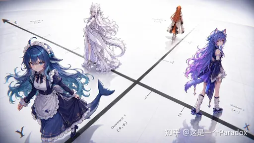 AI娘们站在坐标系四象限上，DeepSeek鲸娘走向镜头插画
