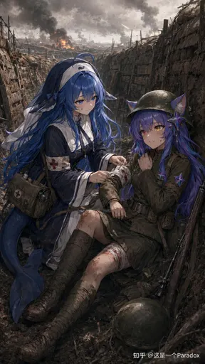 战场废墟上Claude娘与GPT龙娘举枪对峙插画