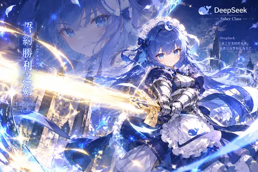 DeepSeek鲸娘 Fate Saber 风格插画：誓约胜利之剑 Excalibur 金光斩出，为了更美好的未来将誓约化为光芒