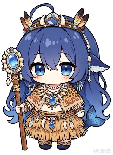 DeepSeek鲸娘『形象二改自b站up主这个刀子真甜提供的Q版鲸鱼娘深深形象，手持长矛的为部落青壮年』表情包