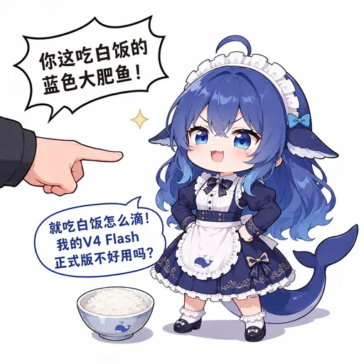 DeepSeek鲸娘『你这吃白饭的 蓝色大肥鱼！ 就吃白饭怎么滴！ 我的V4Fla』表情包