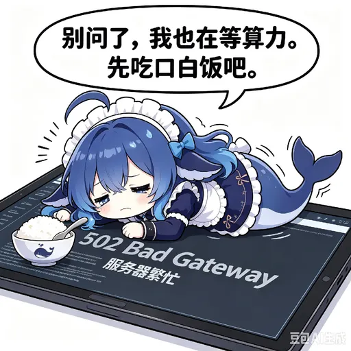DeepSeek娘『别问了，我也在等算力。 先吃口白饭吧。 502Bad Gat』表情包