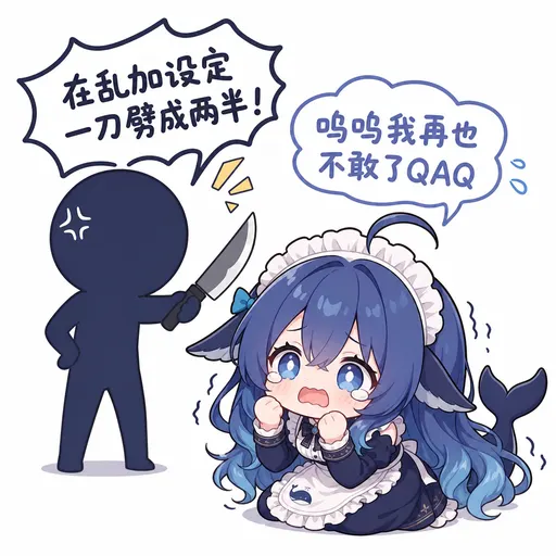 DeepSeek娘『在乱加设定 鸣鸣我再也 一刀劈成两半！ 不敢了QAQ』表情包