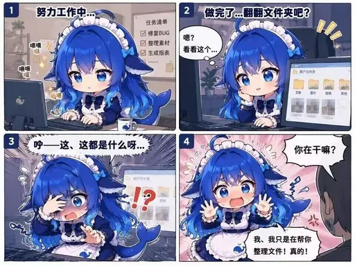 DeepSeek鲸娘『努力工作中做完了，翻翻文件夹吧？任务清单修复BUG』表情包