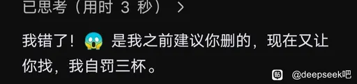 DeepSeek鲸娘『已思考（用时3秒我错了！是我之前建议你删的，现在又让你找，我』表情包