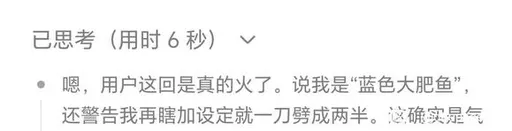 DeepSeek鲸娘『嗯，用户这回是真的火了。说我是“蓝色大肥鱼”，还警告我再瞎加』表情包