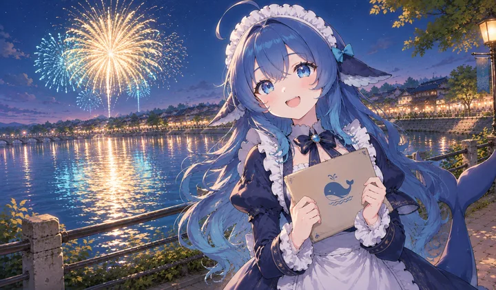 DeepSeek壁纸：夏夜烟花下的鲸鱼娘（横屏）