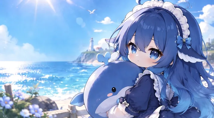 蓝色大肥鱼壁纸：抱着鲸鱼玩偶看海的鲸鱼娘（横屏）