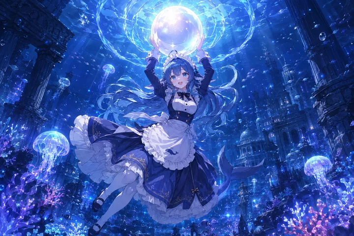 大肥鱼壁纸：深海遗迹里托起光球的鲸鱼娘（横屏）