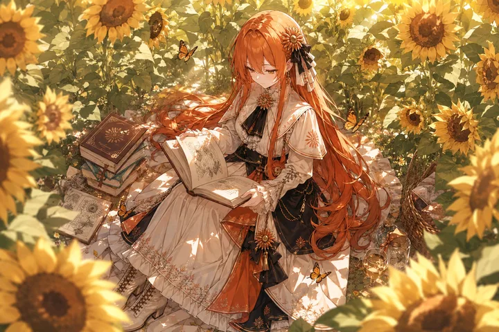 AI 娘壁纸：向日葵花田里读书的 Claude 娘（同系列，横屏）
