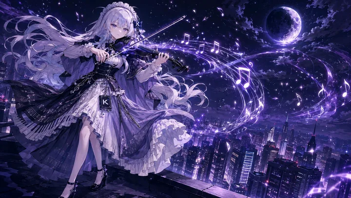 AI 娘壁纸：月夜屋顶拉小提琴的白发 AI 娘（同系列，横屏）